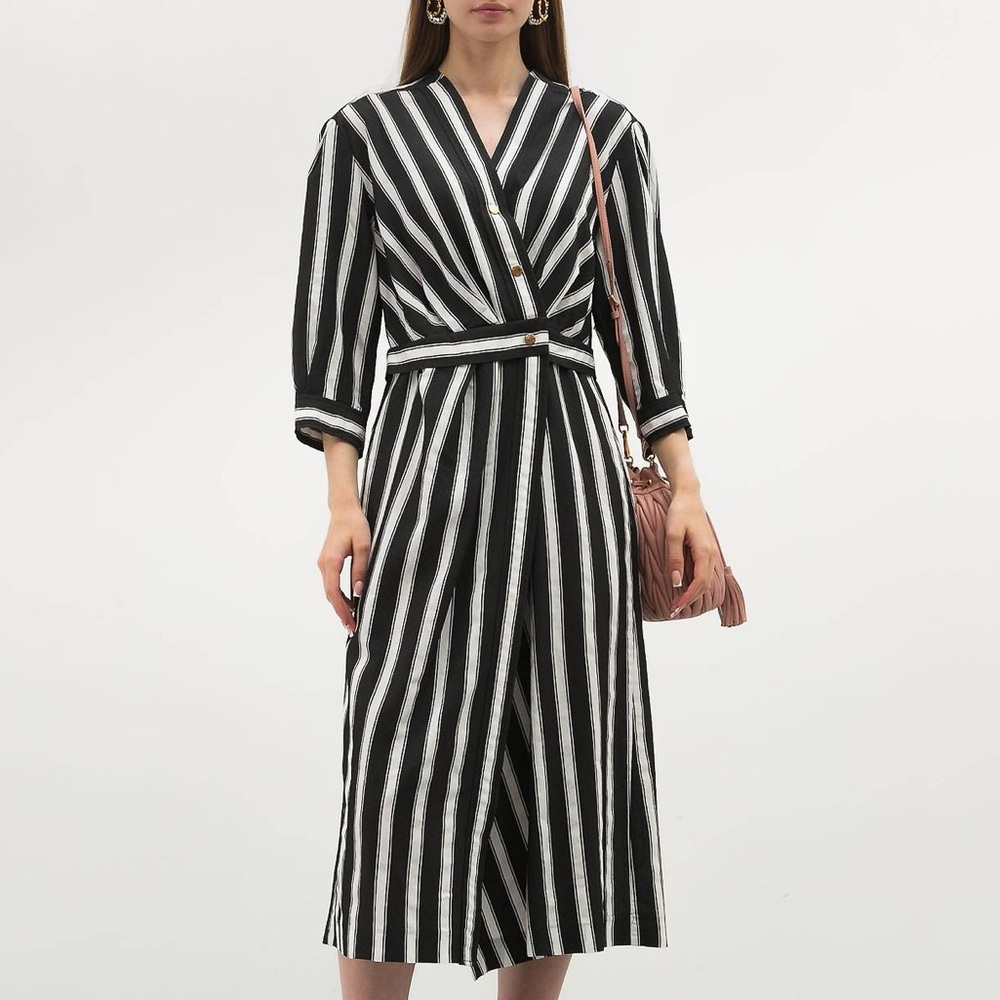 Sandro Carl Black and White Wrap Striped 3/4 Sleeve Midi Dress - Picture 8 of 15